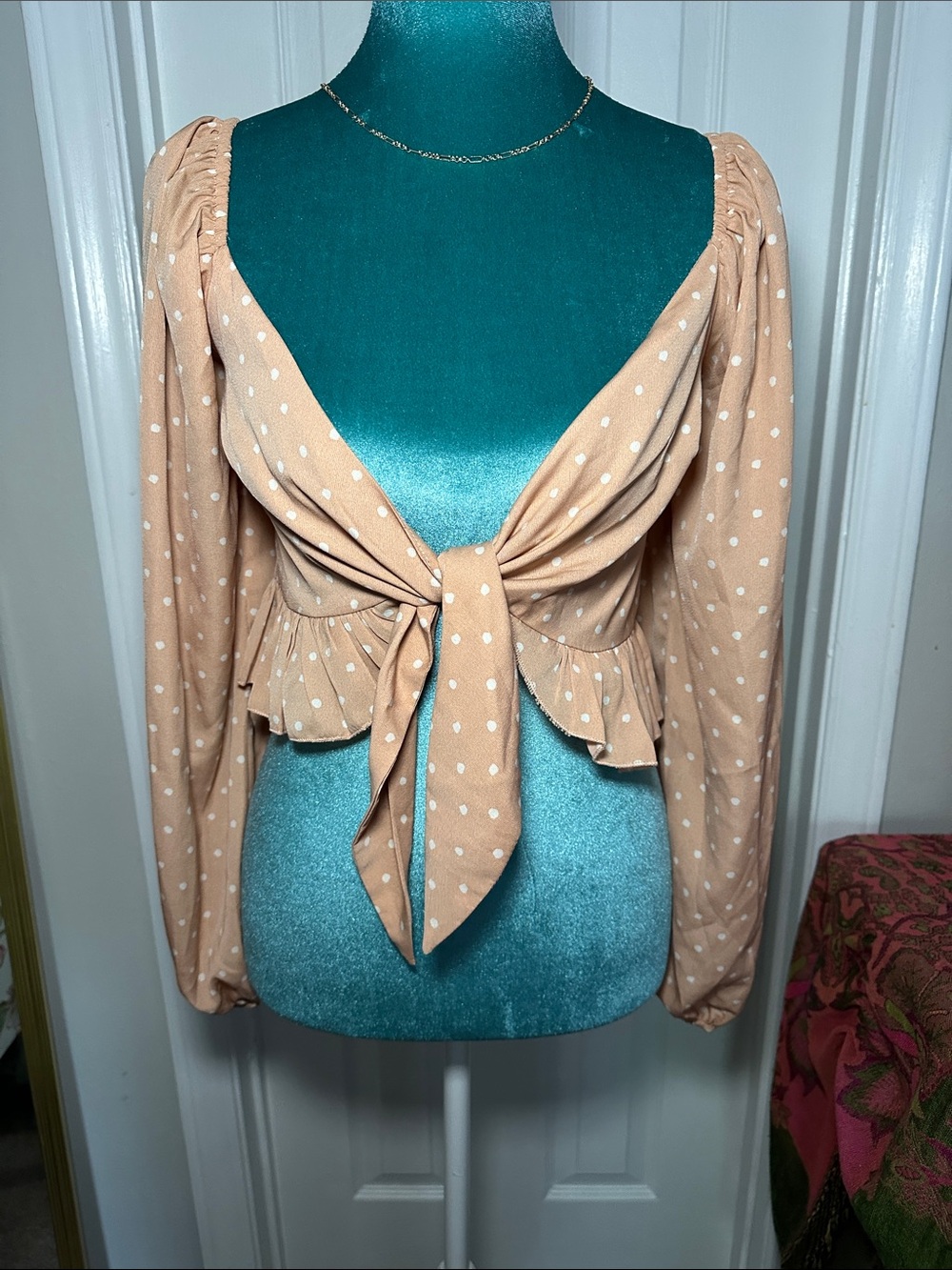 Polka Dot Tie-Front Crop Top - Beige